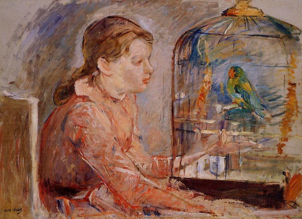 WikiOO.org - Encyclopedia of Fine Arts - Målning, konstverk Berthe Morisot - Young Girl and the Budgie