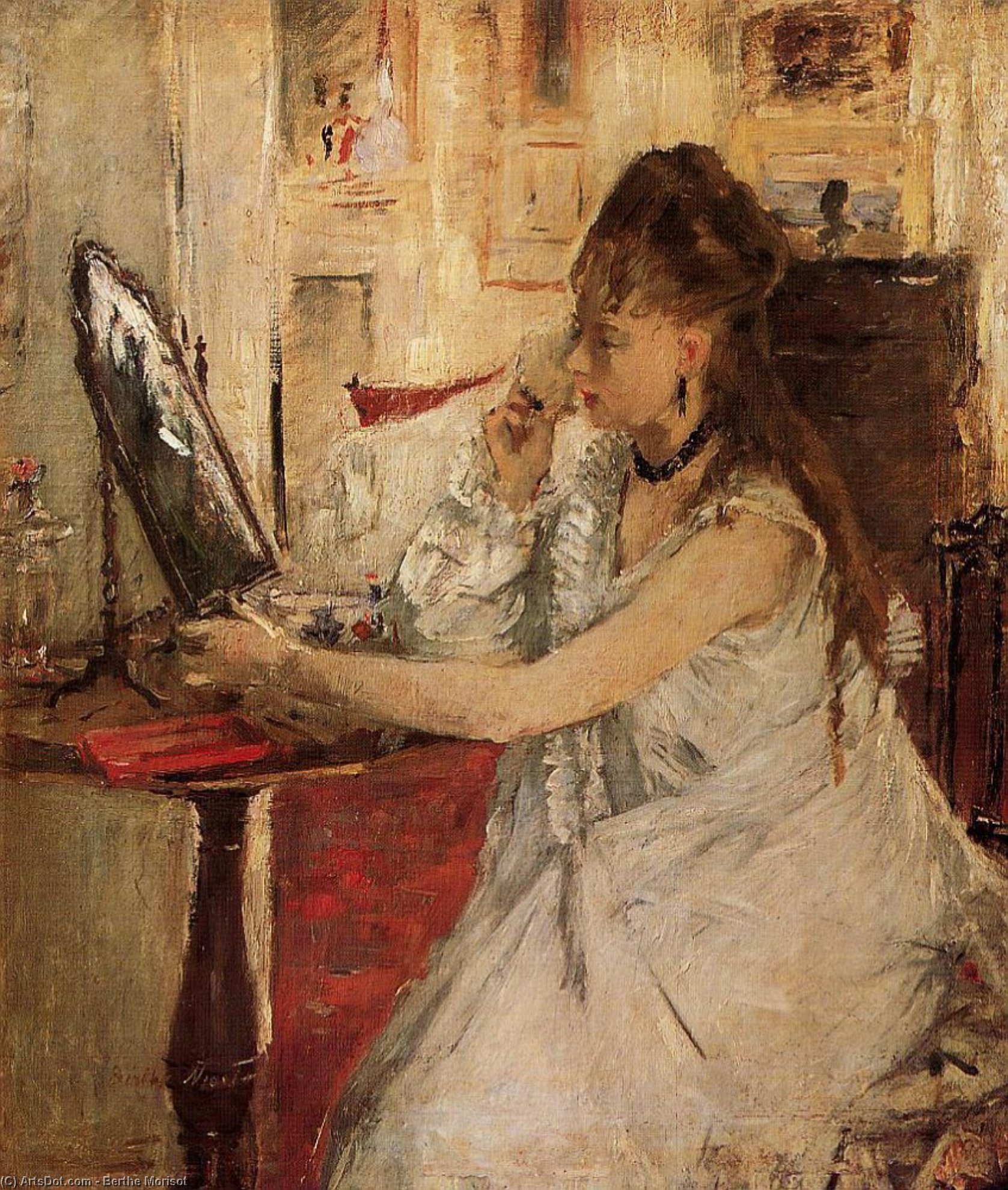 Wikioo.org - The Encyclopedia of Fine Arts - Painting, Artwork by Berthe Morisot - Young Woman Powdering Her Face