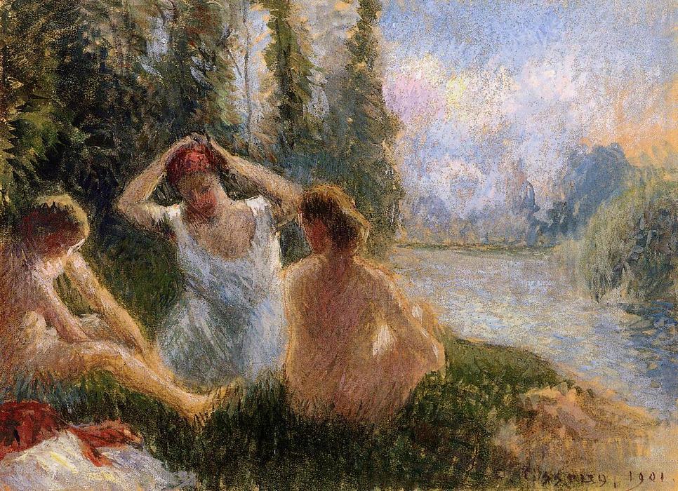 Wikioo.org - The Encyclopedia of Fine Arts - Painting, Artwork by Camille Pissarro - Bathers Seated on the Banks of a River