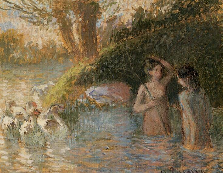 Wikoo.org - موسوعة الفنون الجميلة - اللوحة، العمل الفني Camille Pissarro - Bathing Goose Maidens