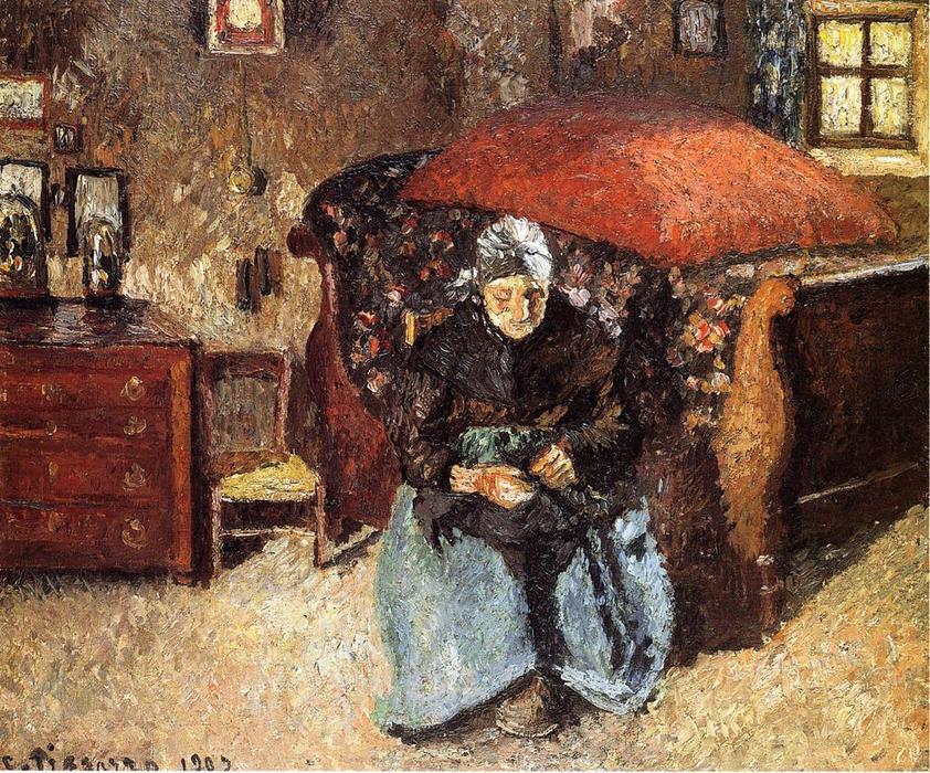 Wikioo.org - The Encyclopedia of Fine Arts - Painting, Artwork by Camille Pissarro - Elderly Woman Mending Old Clothes, Moret