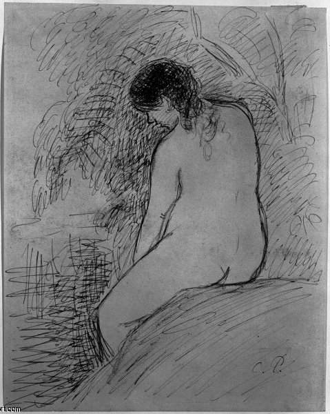 Wikioo.org - The Encyclopedia of Fine Arts - Painting, Artwork by Camille Pissarro - Female Nude Sitting on Rock by Stream