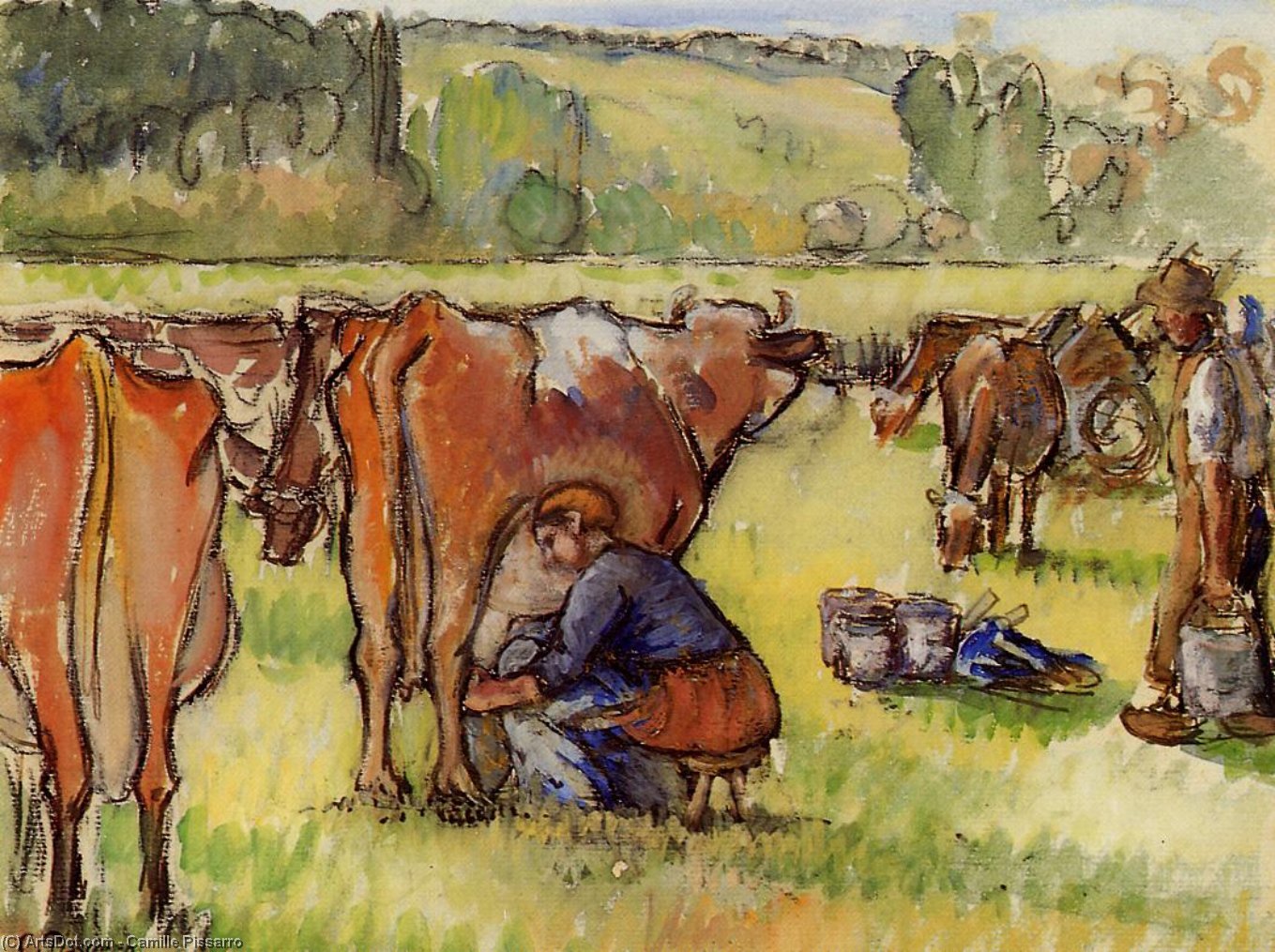 Wikioo.org – L'Encyclopédie des Beaux Arts - Peinture, Oeuvre de Camille Pissarro - Traire les vaches