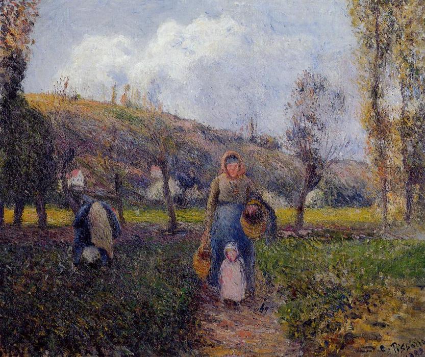 Wikioo.org - The Encyclopedia of Fine Arts - Painting, Artwork by Camille Pissarro - Peasant Woman and Child Harvesting the Fields, Pontoise