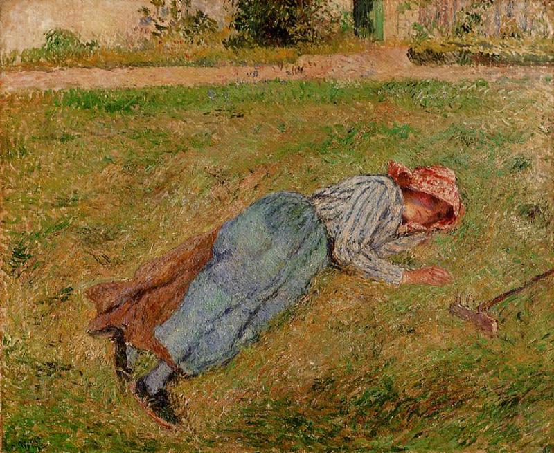 Wikioo.org - The Encyclopedia of Fine Arts - Painting, Artwork by Camille Pissarro - Resting, Peasant Girl Lying on the Grass, Pontoise