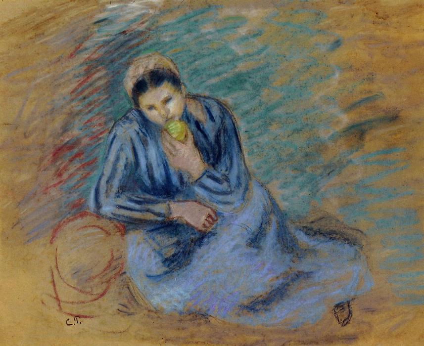 Wikioo.org – L'Enciclopedia delle Belle Arti - Pittura, Opere di Camille Pissarro - Seduto Contadina Crunching un Apple