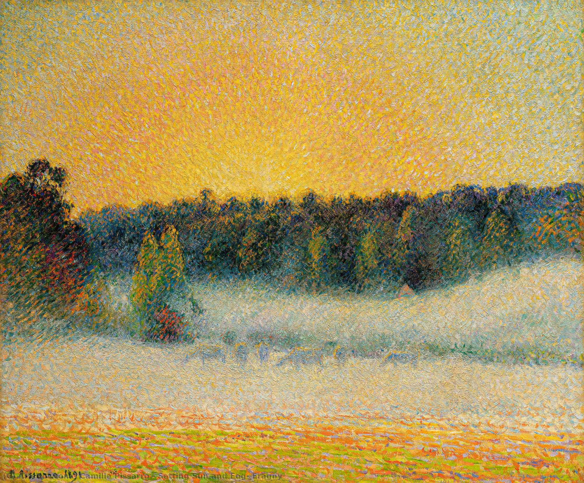 WikiOO.org - Encyclopedia of Fine Arts - Maleri, Artwork Camille Pissarro - Setting Sun and Fog, Eragny
