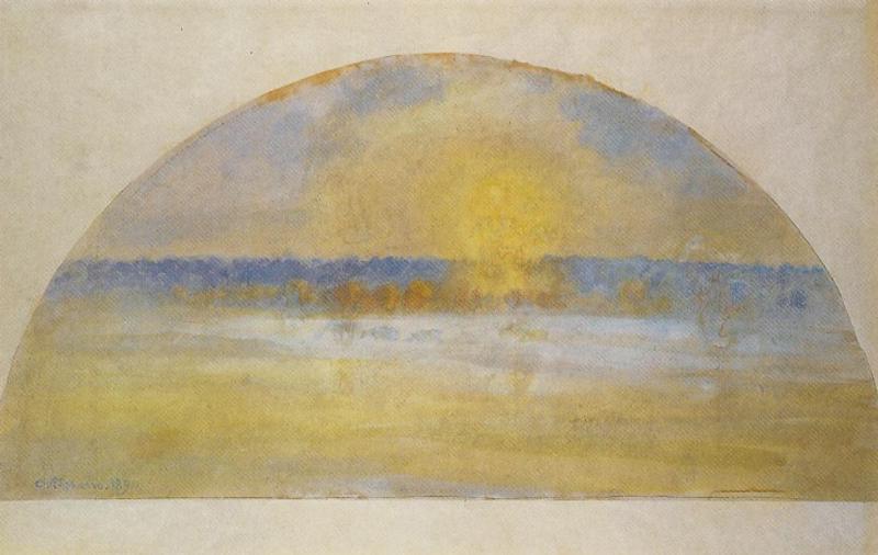 Wikioo.org - Die Enzyklopädie bildender Kunst - Malerei, Kunstwerk von Camille Pissarro - Sonnenuntergang mit Nebel, Eragny