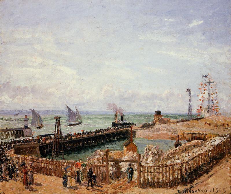 Wikioo.org - The Encyclopedia of Fine Arts - Painting, Artwork by Camille Pissarro - The Jetty, Le Havre, High Tide, Morning Sun