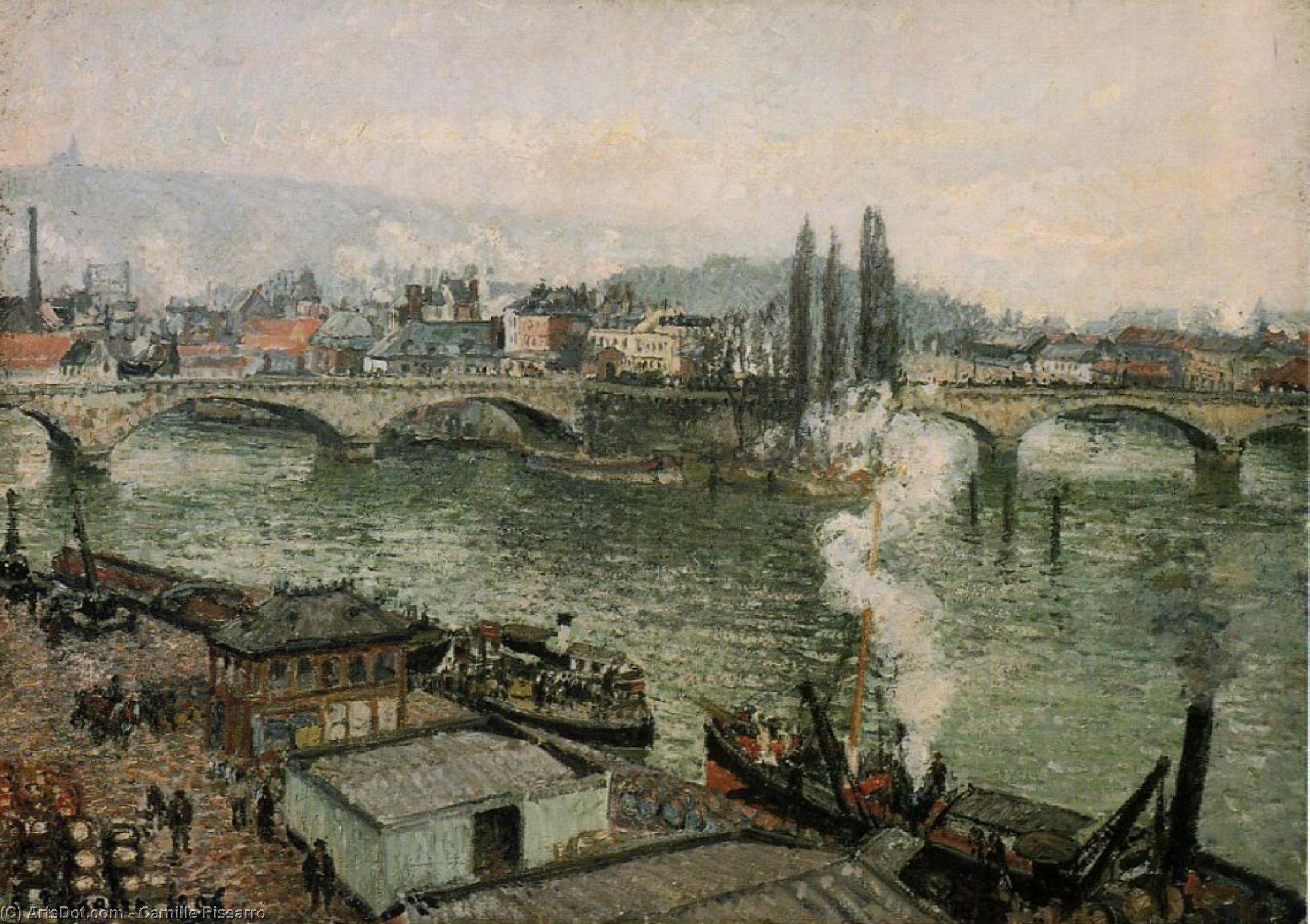 Wikoo.org - موسوعة الفنون الجميلة - اللوحة، العمل الفني Camille Pissarro - The Pont Corneille, Rouen, Grey Weather