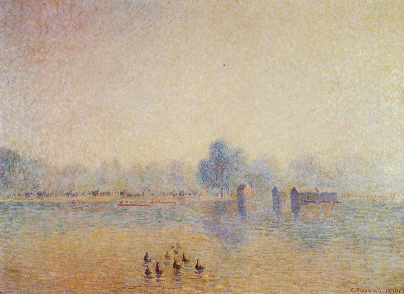 Wikoo.org - موسوعة الفنون الجميلة - اللوحة، العمل الفني Camille Pissarro - The Serpentine, Hyde Park, Fog Effect