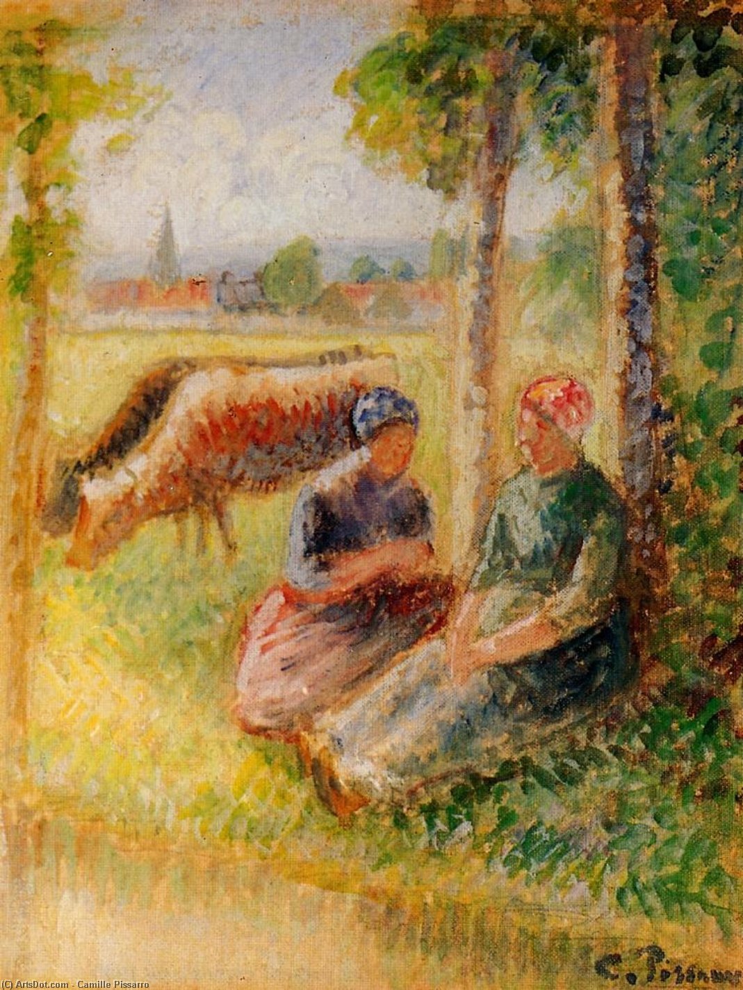 Wikioo.org - The Encyclopedia of Fine Arts - Painting, Artwork by Camille Pissarro - Two Cowherds by the River