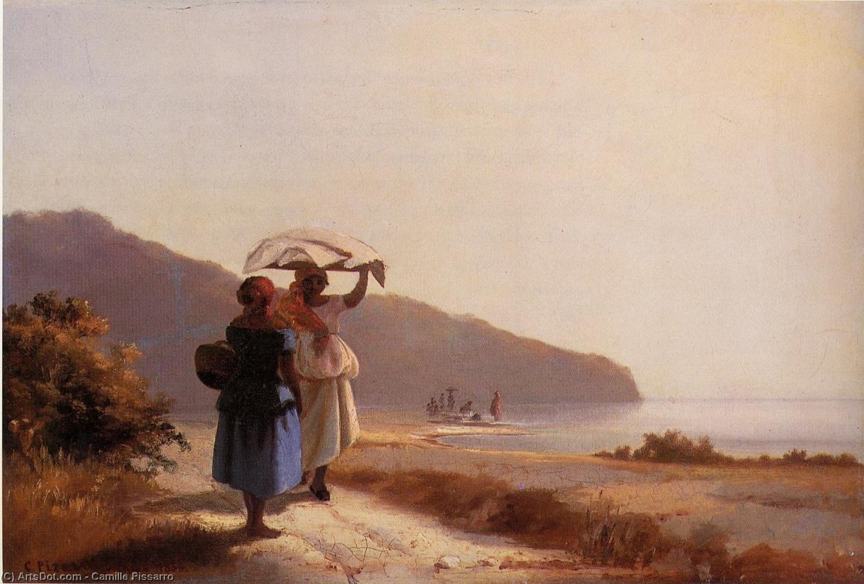 Wikioo.org - The Encyclopedia of Fine Arts - Painting, Artwork by Camille Pissarro - Two Woman Chatting by the Sea, St. Thomas