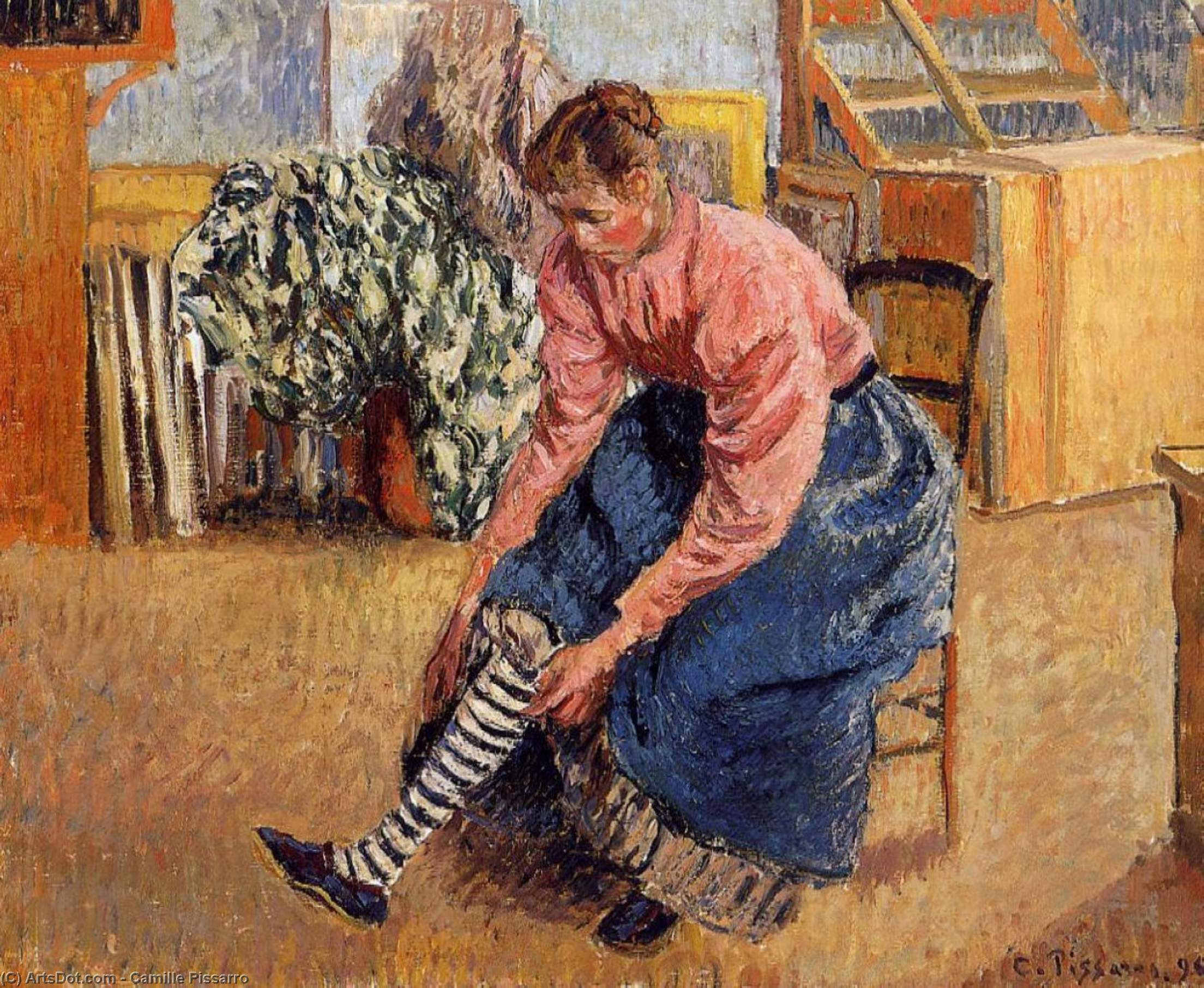 Wikioo.org - The Encyclopedia of Fine Arts - Painting, Artwork by Camille Pissarro - Woman Putting on Her Stockings