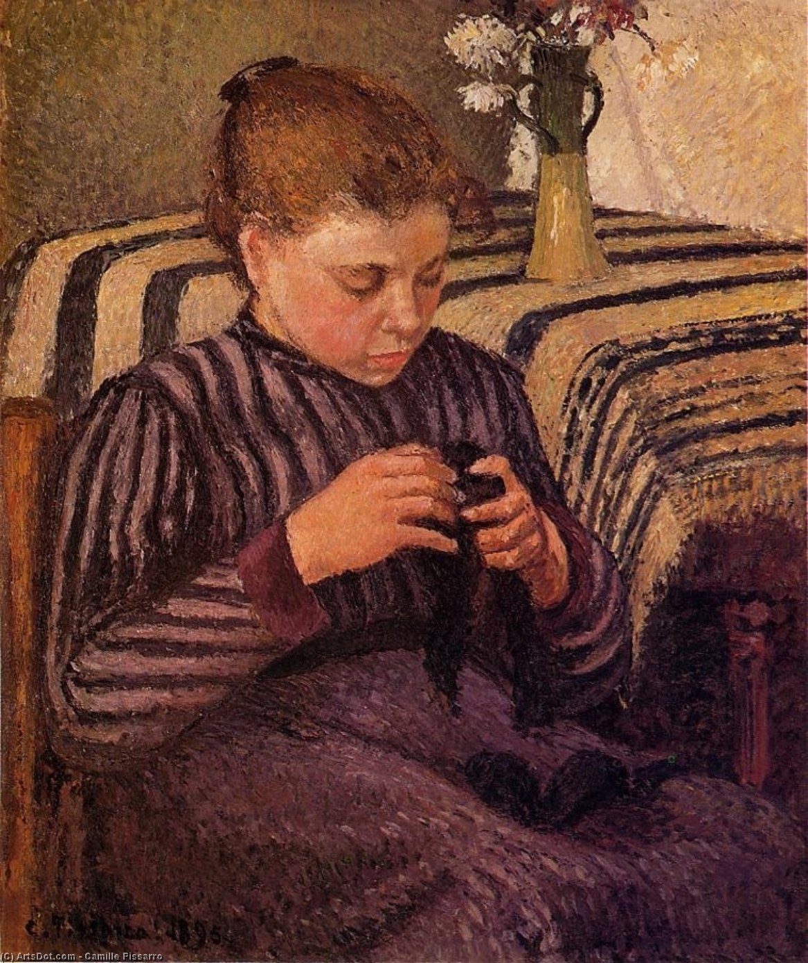 Wikioo.org - The Encyclopedia of Fine Arts - Painting, Artwork by Camille Pissarro - Young Girl Mending Her Stockings