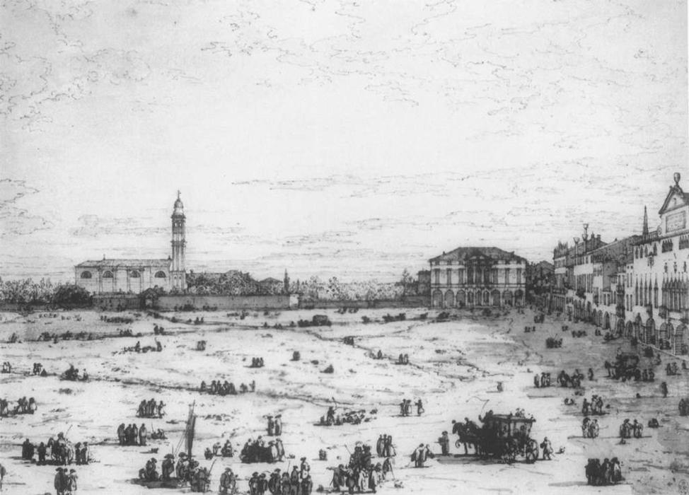 Wikioo.org - The Encyclopedia of Fine Arts - Painting, Artwork by Giovanni Antonio Canal (Canaletto) - Padua. The Prato della Valle with Santa Giustinia and the Church of Misericordia (sheet 2)