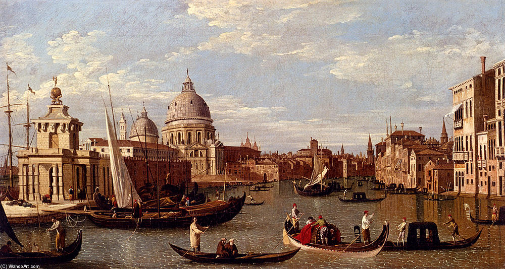 Wikioo.org - The Encyclopedia of Fine Arts - Painting, Artwork by Giovanni Antonio Canal (Canaletto) - View Of The Grand Canal And Santa Maria Della Salute With Boats And Figures In The Foreground, Venice