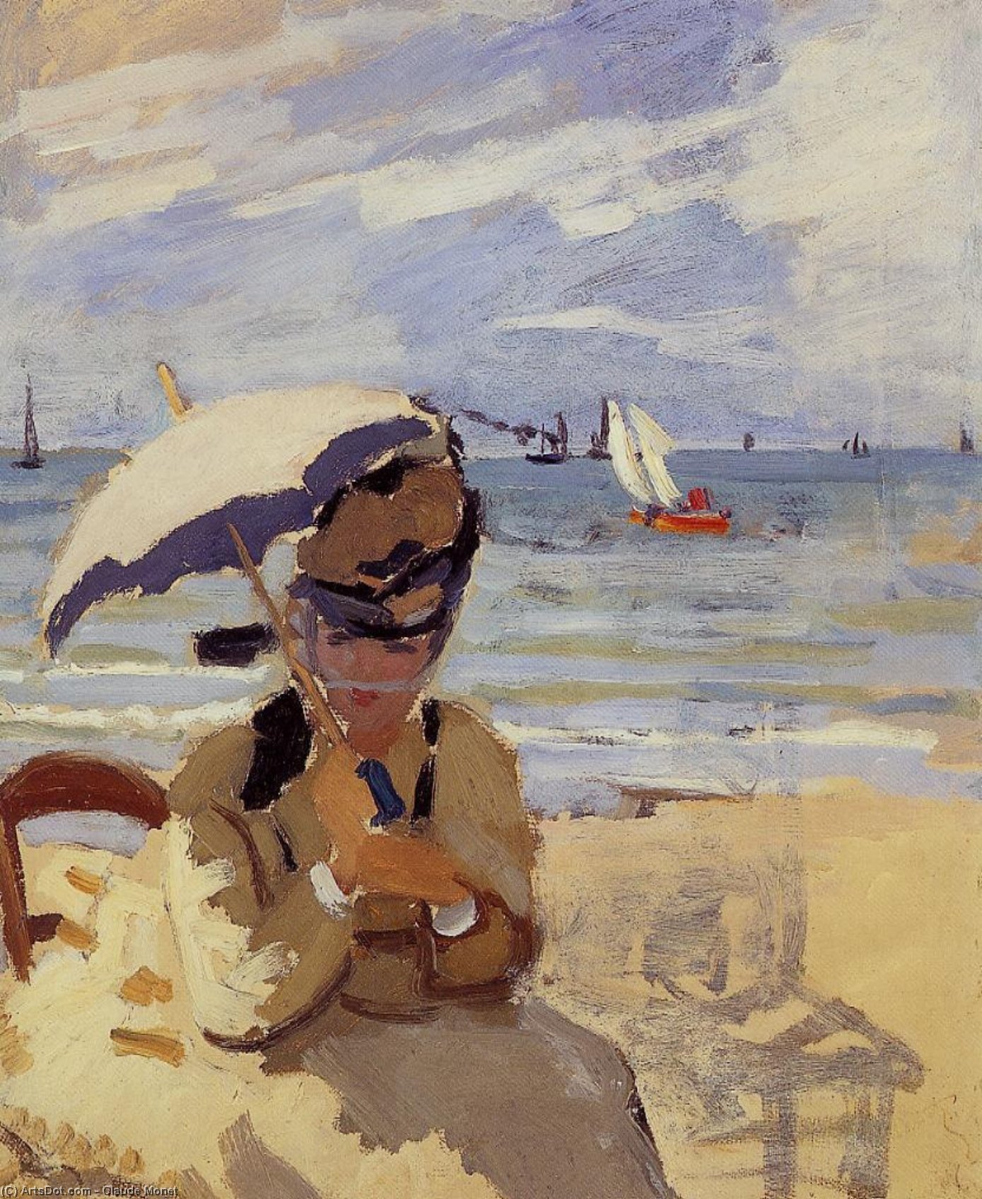 Wikioo.org - The Encyclopedia of Fine Arts - Painting, Artwork by Claude Monet - Camille Sitting on the Beach at Trouville