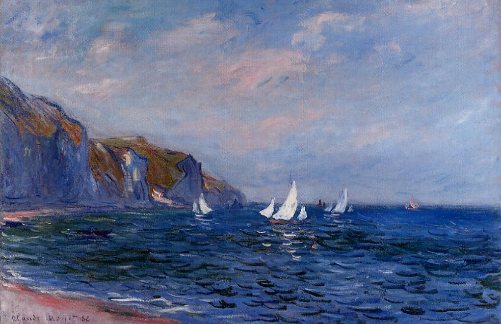 Wikioo.org - สารานุกรมวิจิตรศิลป์ - จิตรกรรม Claude Monet - Cliffs and Sailboats at Pourville