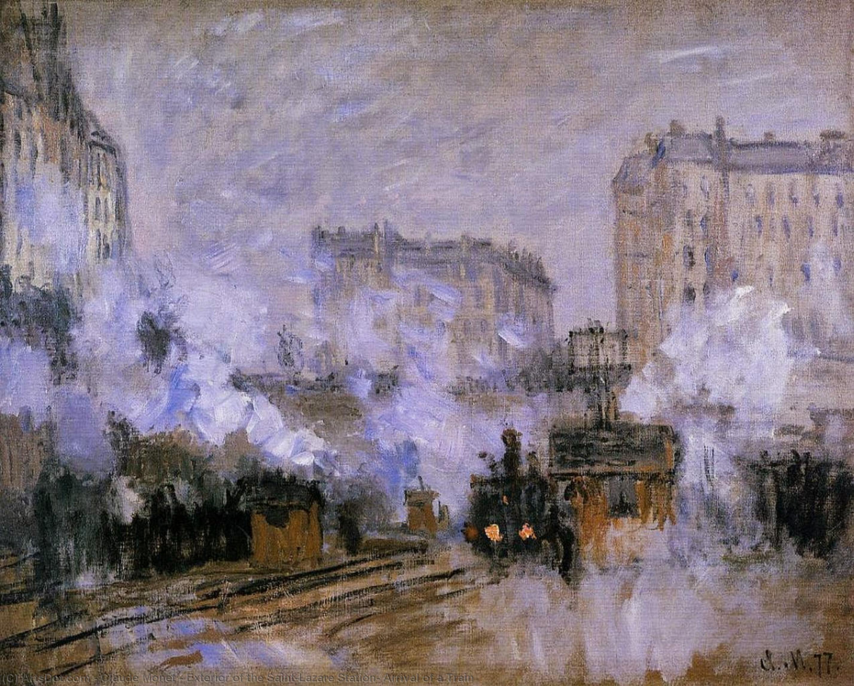Wikioo.org - The Encyclopedia of Fine Arts - Painting, Artwork by Claude Monet - Exterior of the Saint-Lazare Station, Arrival of a Train