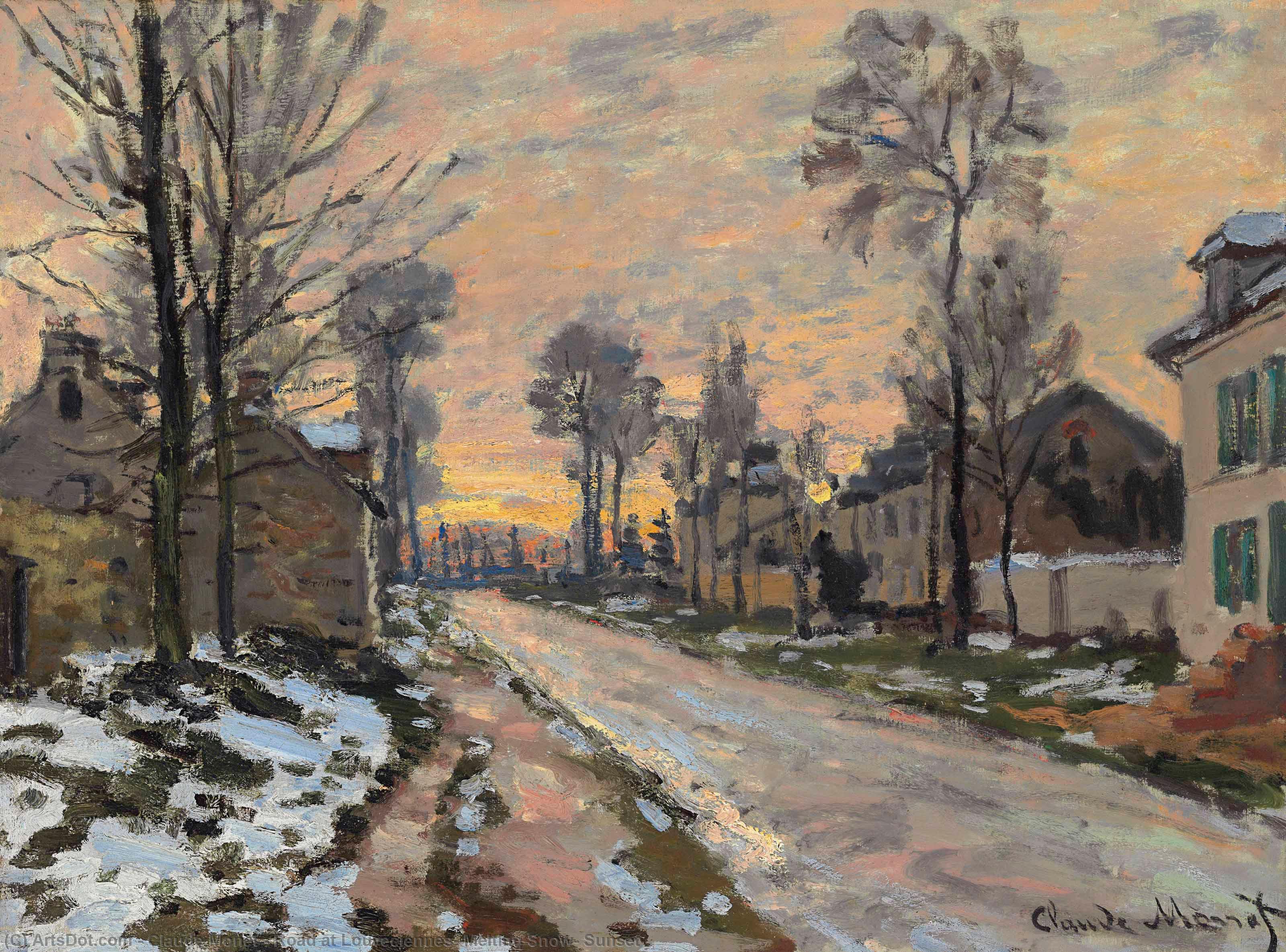 Wikioo.org - The Encyclopedia of Fine Arts - Painting, Artwork by Claude Monet - Road at Louveciennes, Melting Snow, Sunset