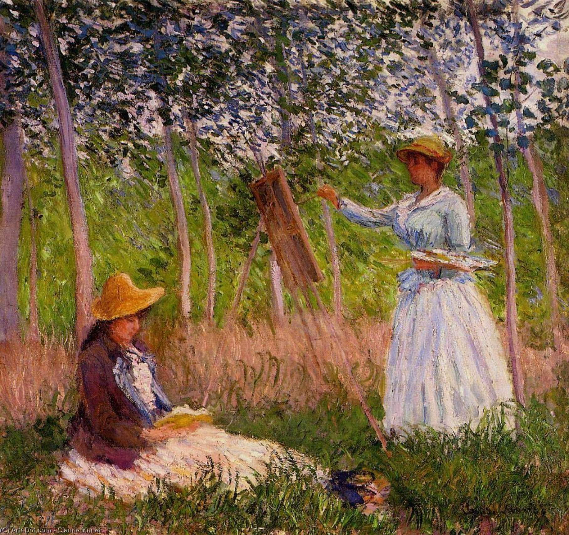 WikiOO.org - 백과 사전 - 회화, 삽화 Claude Monet - Suzanne Reading and Blanche Painting by the Marsh at Giverny