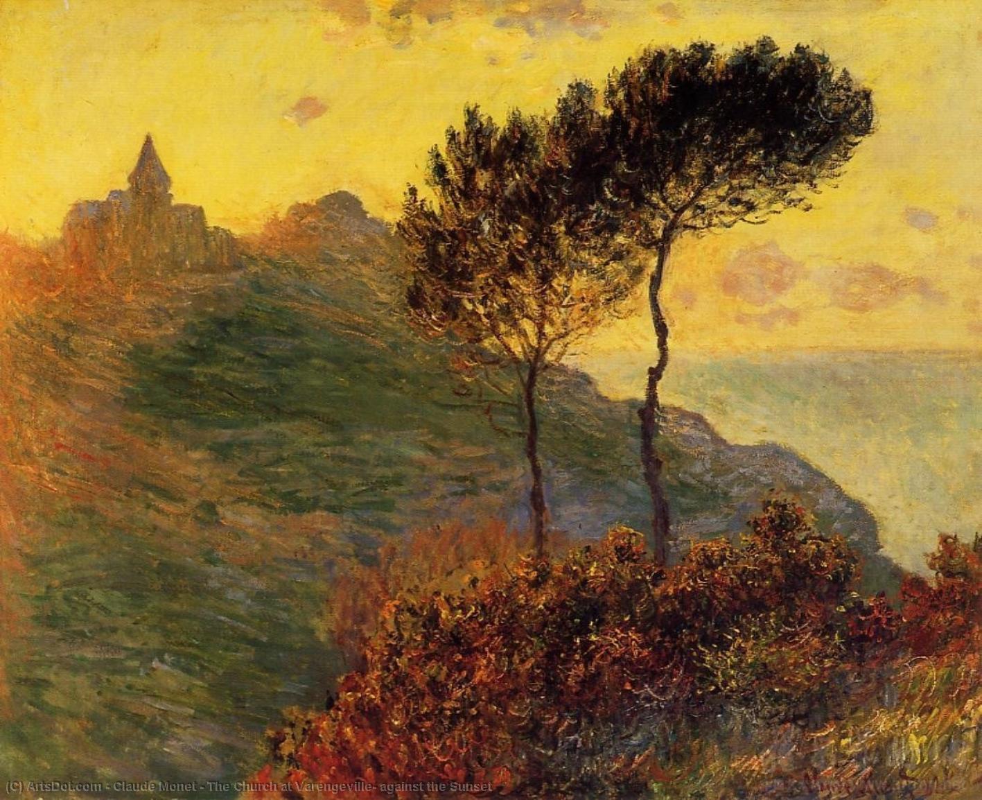 Wikioo.org - Die Enzyklopädie bildender Kunst - Malerei, Kunstwerk von Claude Monet - Die Kirche von Varengeville gegen  der  Sonnenuntergang