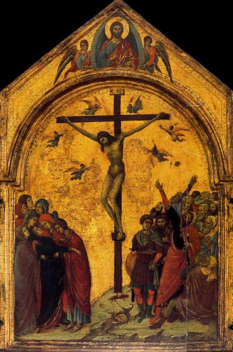 Wikioo.org - The Encyclopedia of Fine Arts - Painting, Artwork by Duccio Di Buoninsegna - Crucifixión con San Nicolás y San Gregorio. Crucifixión
