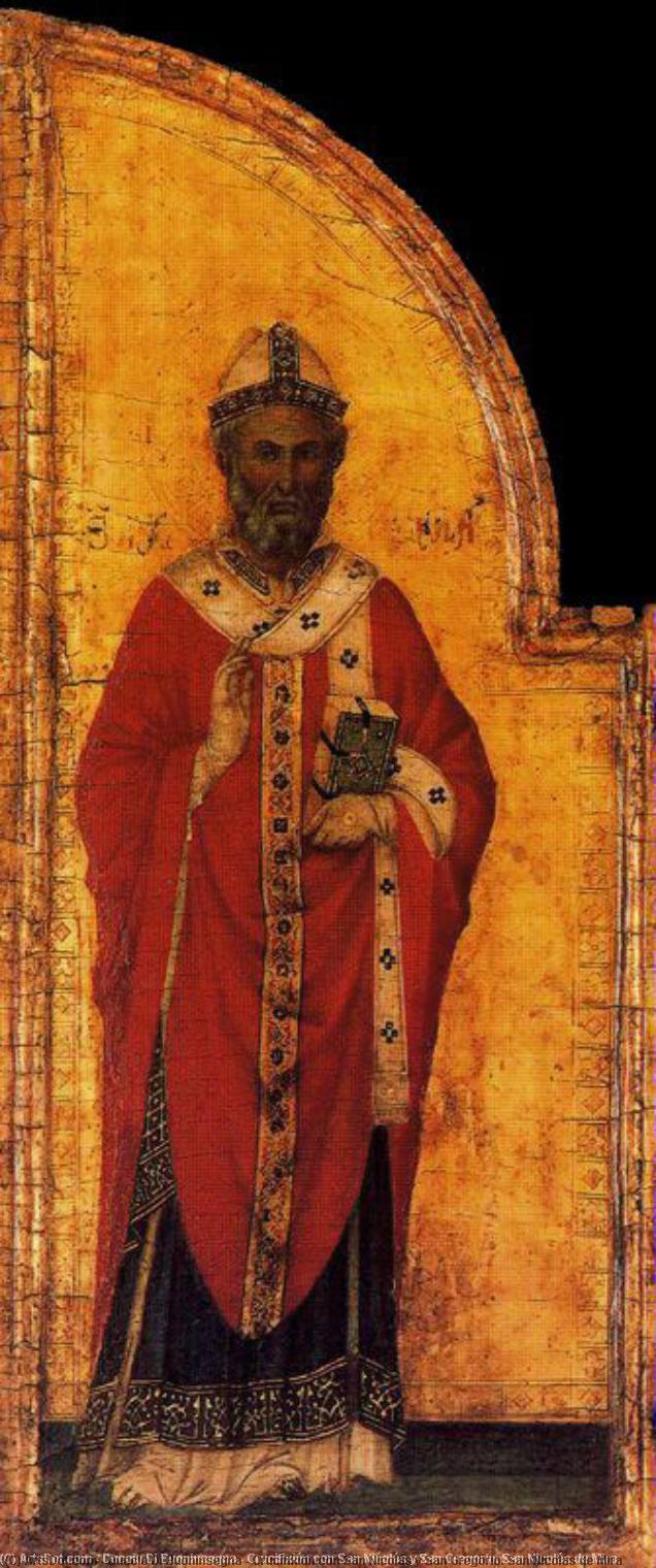 Wikioo.org - สารานุกรมวิจิตรศิลป์ - จิตรกรรม Duccio Di Buoninsegna - Crucifixión con San Nicolás y San Gregorio. San Nicolás de Mira