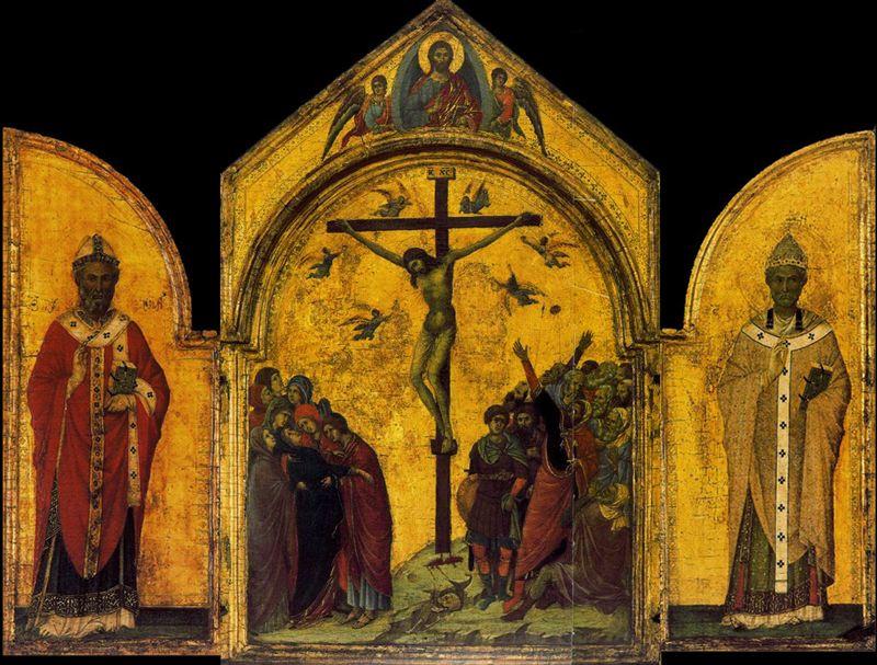 Wikioo.org - The Encyclopedia of Fine Arts - Painting, Artwork by Duccio Di Buoninsegna - Crucifixión con San Nicolás y San Gregorio
