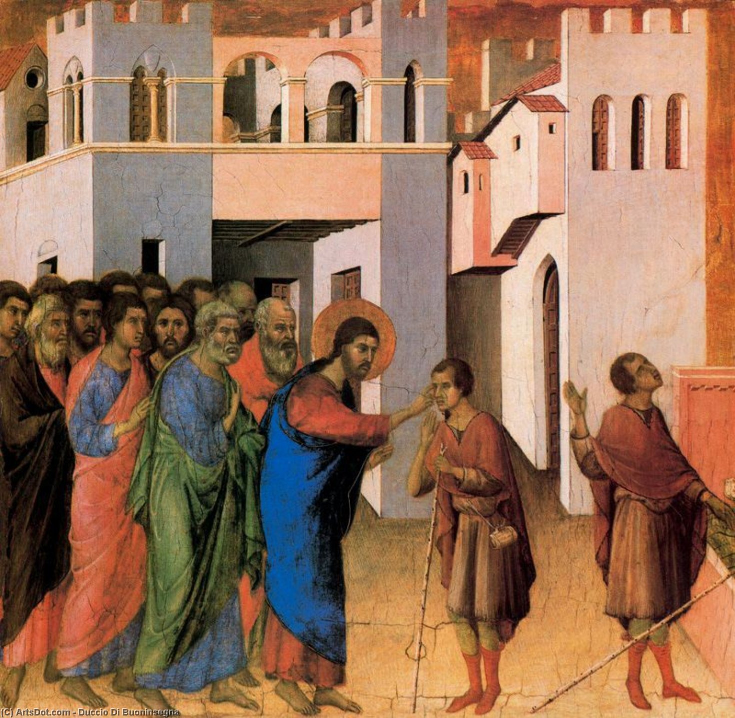 Wikioo.org - The Encyclopedia of Fine Arts - Painting, Artwork by Duccio Di Buoninsegna - Jesus opens the Eyes of a Man born Blind