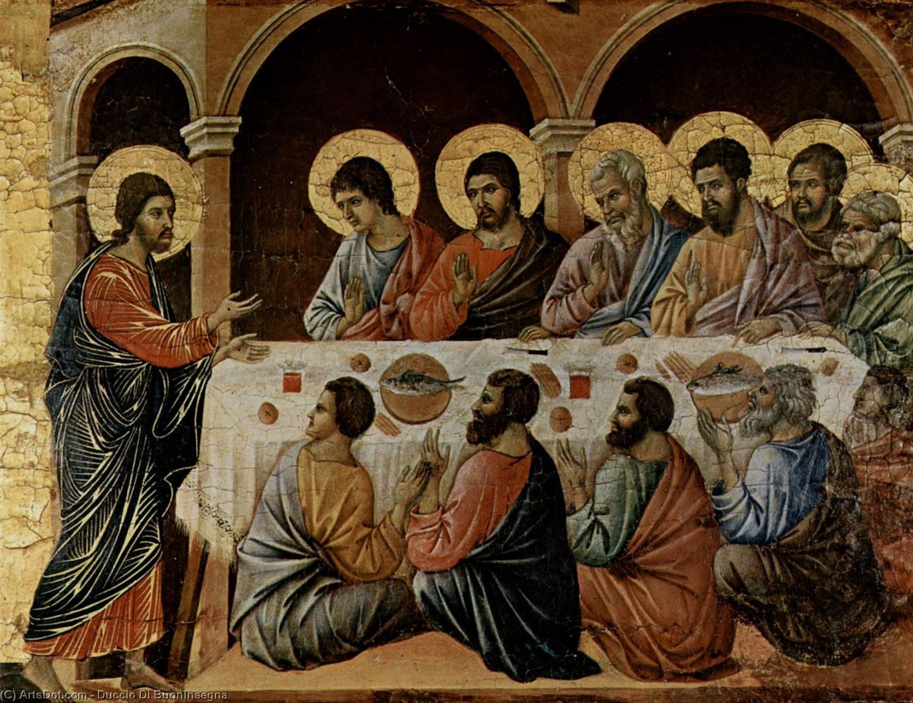 Wikioo.org - The Encyclopedia of Fine Arts - Painting, Artwork by Duccio Di Buoninsegna - La Maestà. Aparición en la cena de los Apóstoles