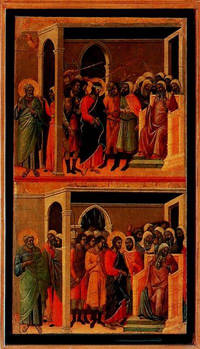 Wikioo.org - สารานุกรมวิจิตรศิลป์ - จิตรกรรม Duccio Di Buoninsegna - La Maestá. Cristo golpeado y Cristo ante Caifás