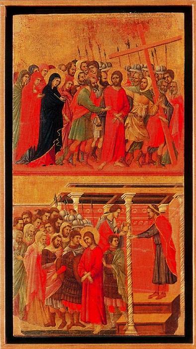 WikiOO.org - Encyclopedia of Fine Arts - Målning, konstverk Duccio Di Buoninsegna - La Maestá. La subida al Calvario y Pilatos se lava las manos