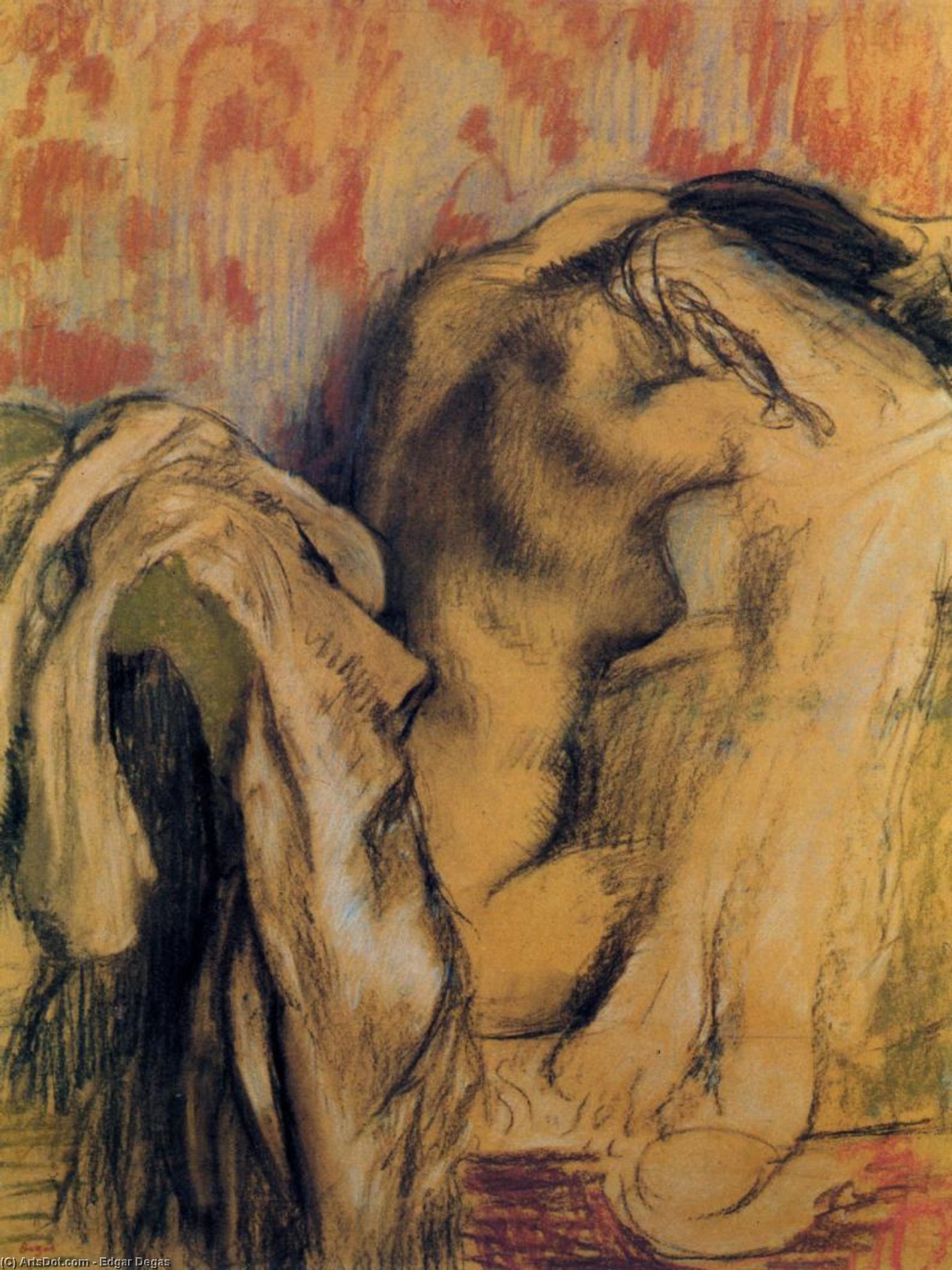 Wikioo.org – La Enciclopedia de las Bellas Artes - Pintura, Obras de arte de Edgar Degas - Después del baño mujer  el secado  Ella misma