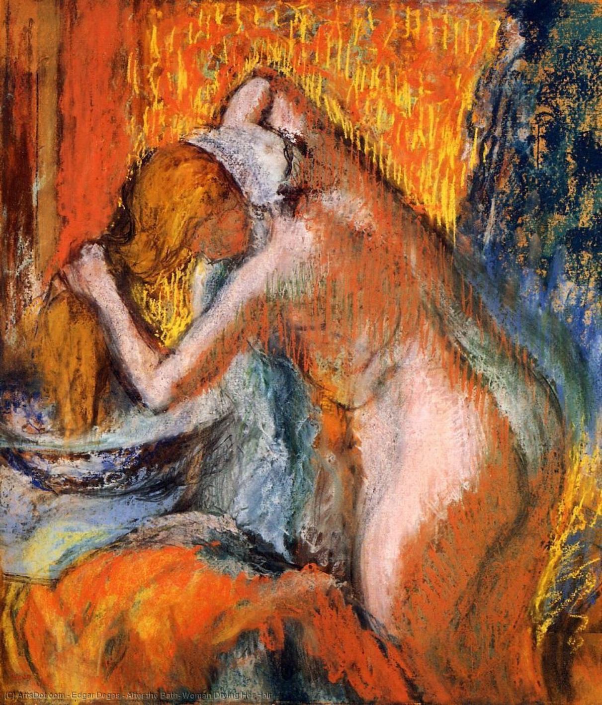 Wikioo.org - Die Enzyklopädie bildender Kunst - Malerei, Kunstwerk von Edgar Degas - Nach dem Bad frau  abtrocknend  ihr  Haar