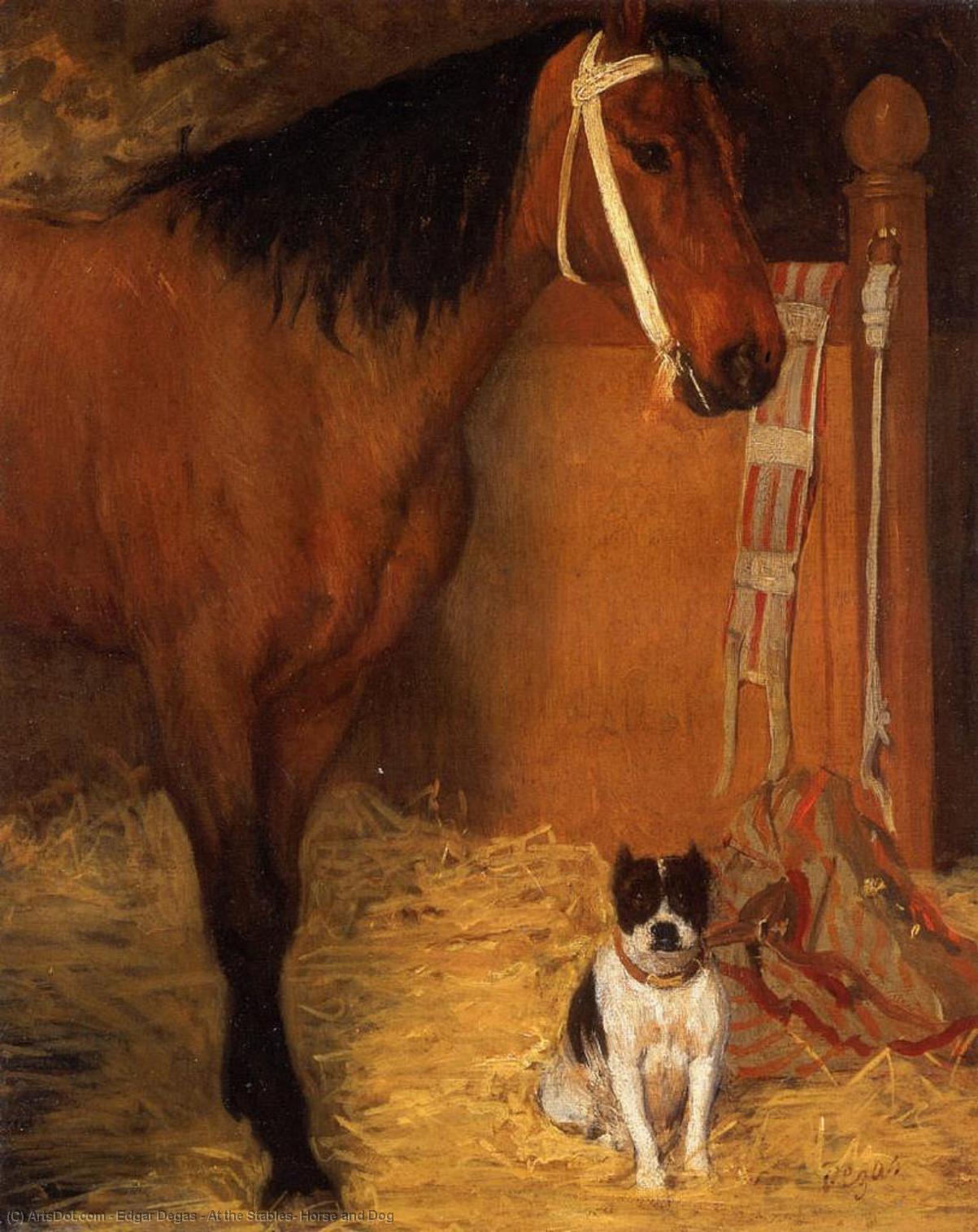 Wikoo.org - موسوعة الفنون الجميلة - اللوحة، العمل الفني Edgar Degas - At the Stables, Horse and Dog