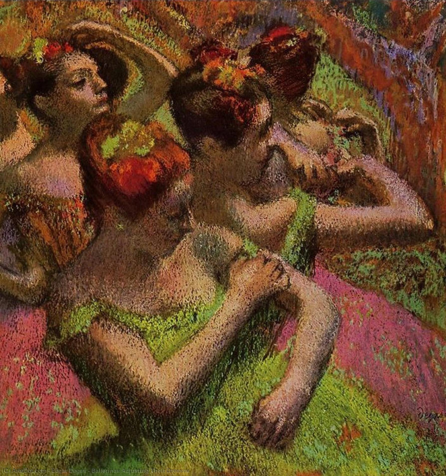 Wikioo.org - The Encyclopedia of Fine Arts - Painting, Artwork by Edgar Degas - Ballerinas Adjusting Their Dresses