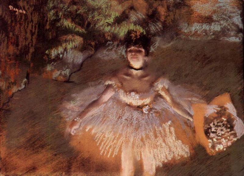 Wikioo.org - The Encyclopedia of Fine Arts - Painting, Artwork by Edgar Degas - Dancer on Stage with a Bouquet