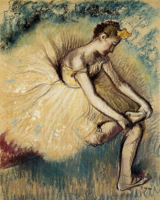 Wikioo.org - The Encyclopedia of Fine Arts - Painting, Artwork by Edgar Degas - Dancer Putting on Her Slipper