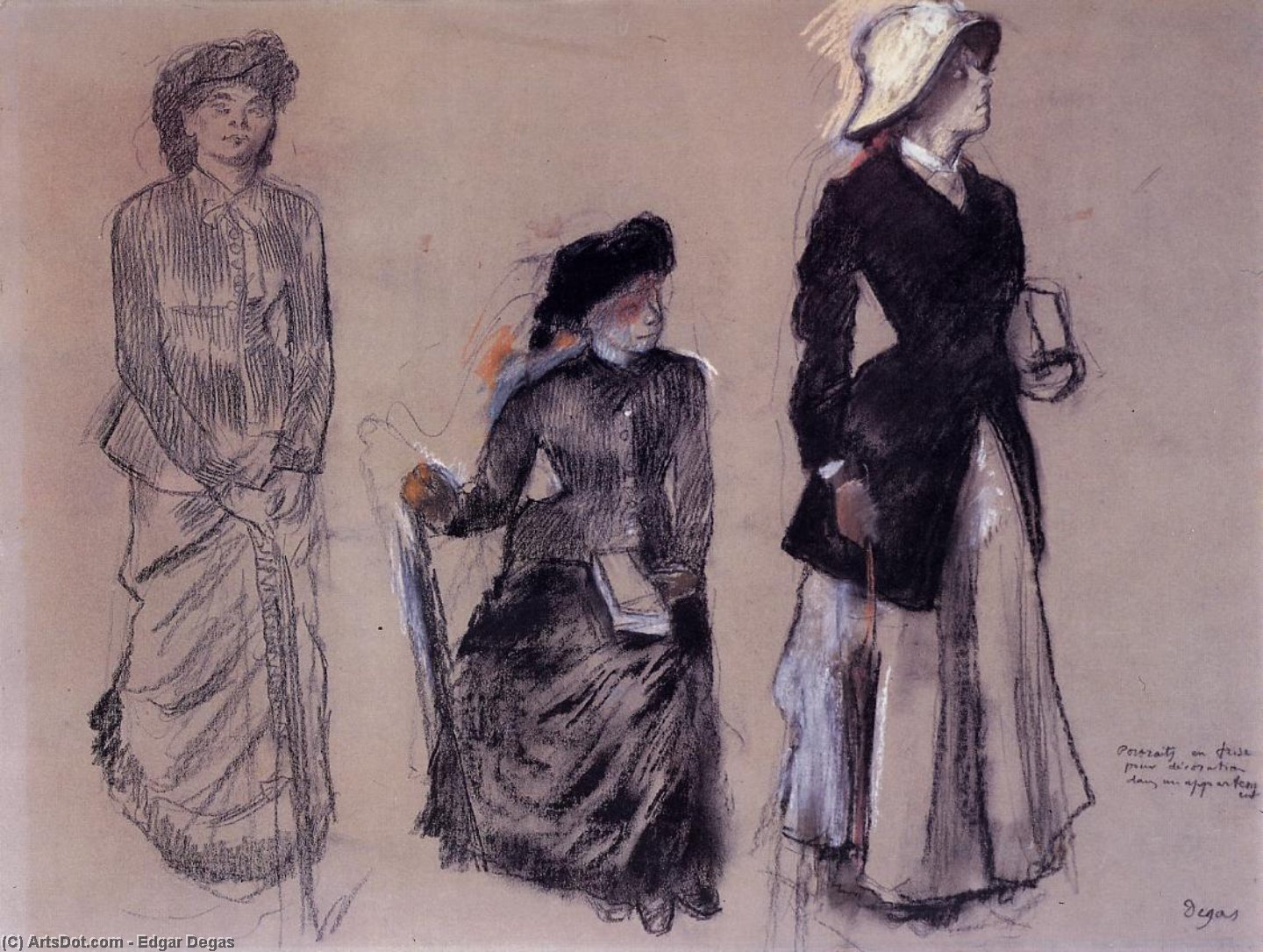 Wikioo.org – La Enciclopedia de las Bellas Artes - Pintura, Obras de arte de Edgar Degas - Proyecto para Retratos en un Friso - tres mujeres