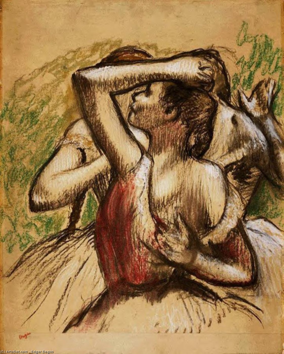 Wikioo.org – L'Enciclopedia delle Belle Arti - Pittura, Opere di Edgar Degas - Tre Ballerini classici mille  con  scuro  Cremisi  vita