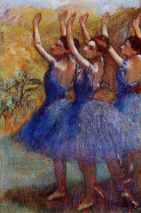 Wikioo.org – L'Enciclopedia delle Belle Arti - Pittura, Opere di Edgar Degas - tre ballerini contro  viola  Gonne