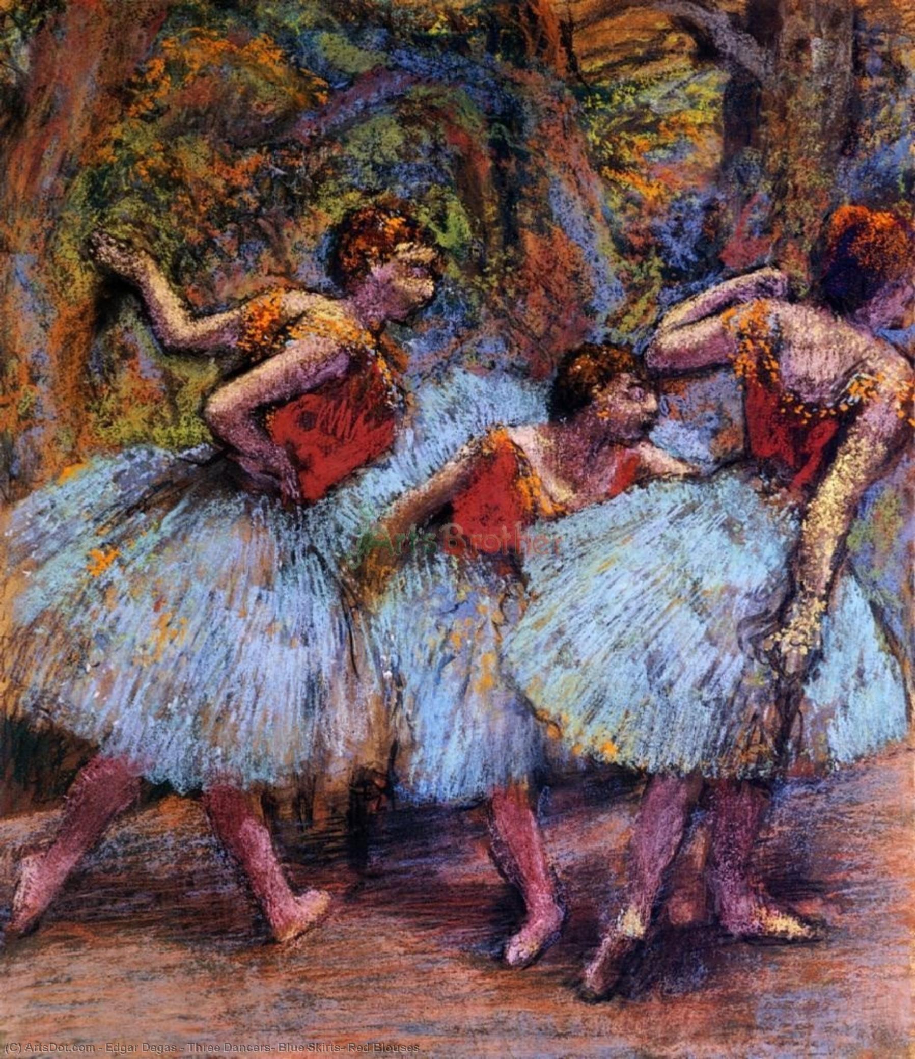 Wikioo.org - The Encyclopedia of Fine Arts - Painting, Artwork by Edgar Degas - Three Dancers, Blue Skirts, Red Blouses