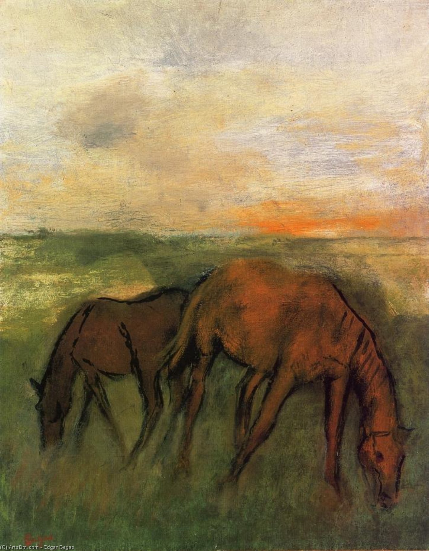Wikioo.org - The Encyclopedia of Fine Arts - Painting, Artwork by Edgar Degas - Two Horses in a Pasture