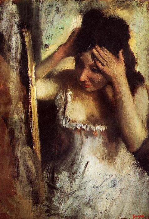 WikiOO.org - 百科事典 - 絵画、アートワーク Edgar Degas - 女性は彼女の髪をコーミング 前  ミラー