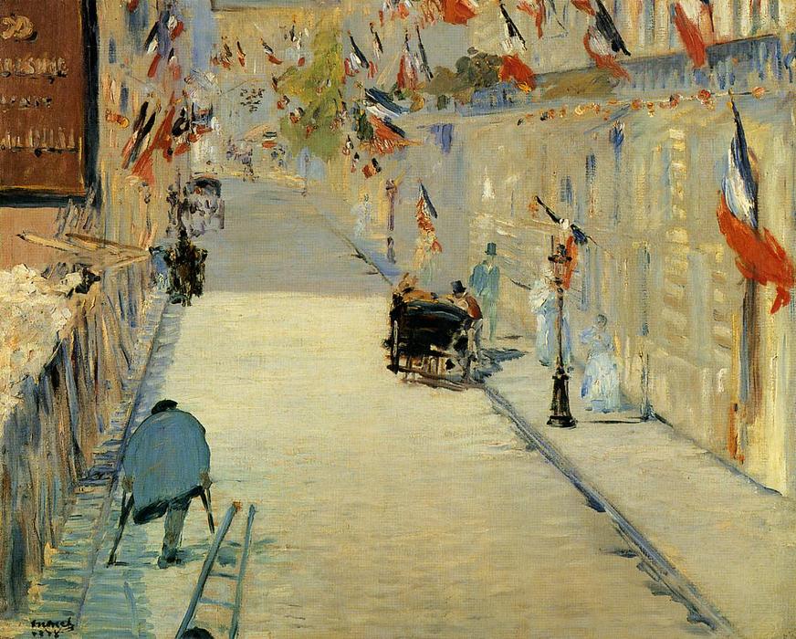 Wikioo.org - The Encyclopedia of Fine Arts - Painting, Artwork by Edouard Manet - Rue Mosnier Decorated with Flags, with a Man on Crutches