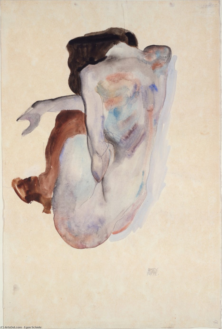 WikiOO.org - Encyclopedia of Fine Arts - Schilderen, Artwork Egon Schiele - Crouching Nude in Shoes and Black Stockings, Back View