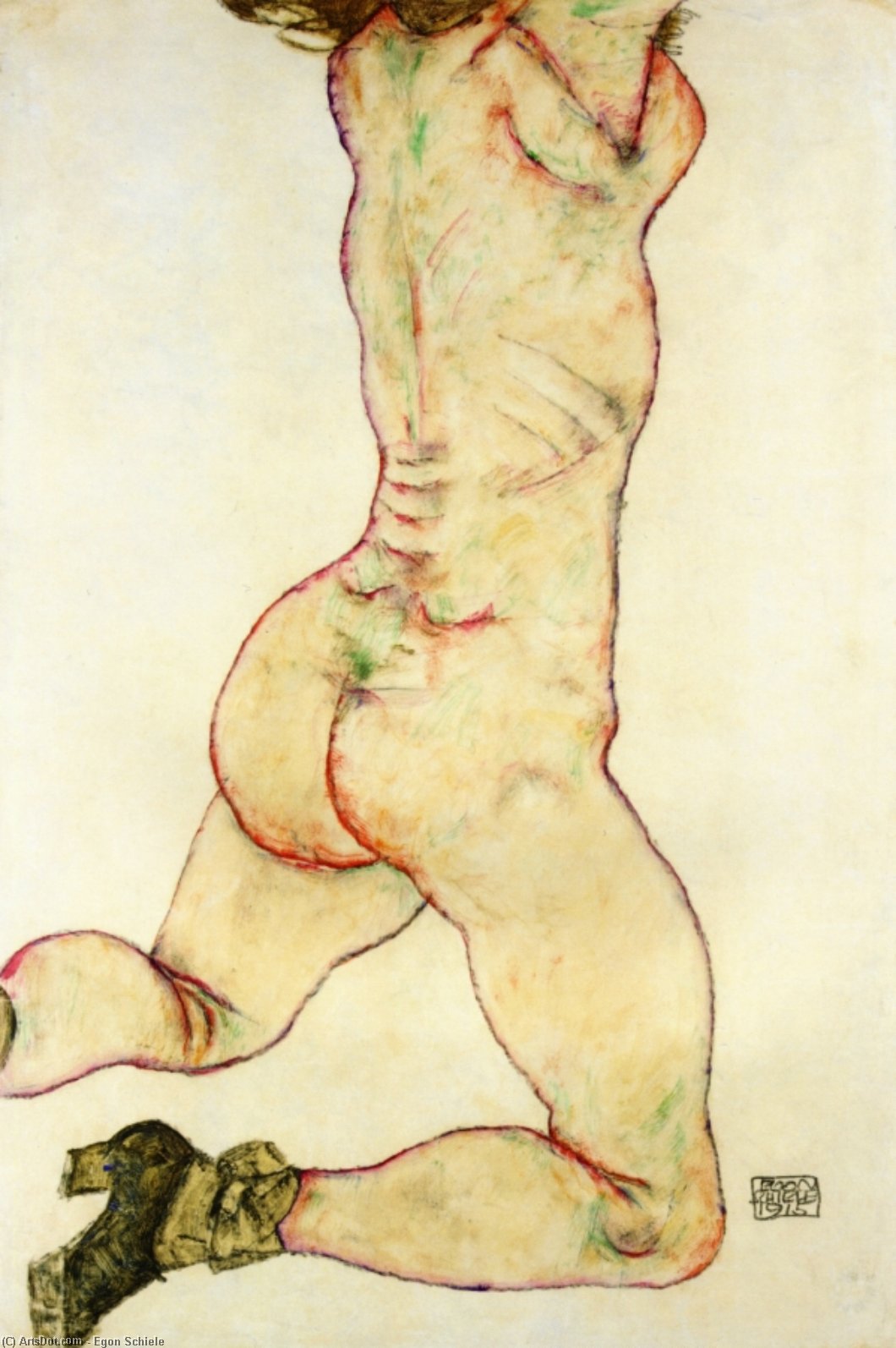 Wikioo.org - The Encyclopedia of Fine Arts - Painting, Artwork by Egon Schiele - Kneeling Female Nude, Back View