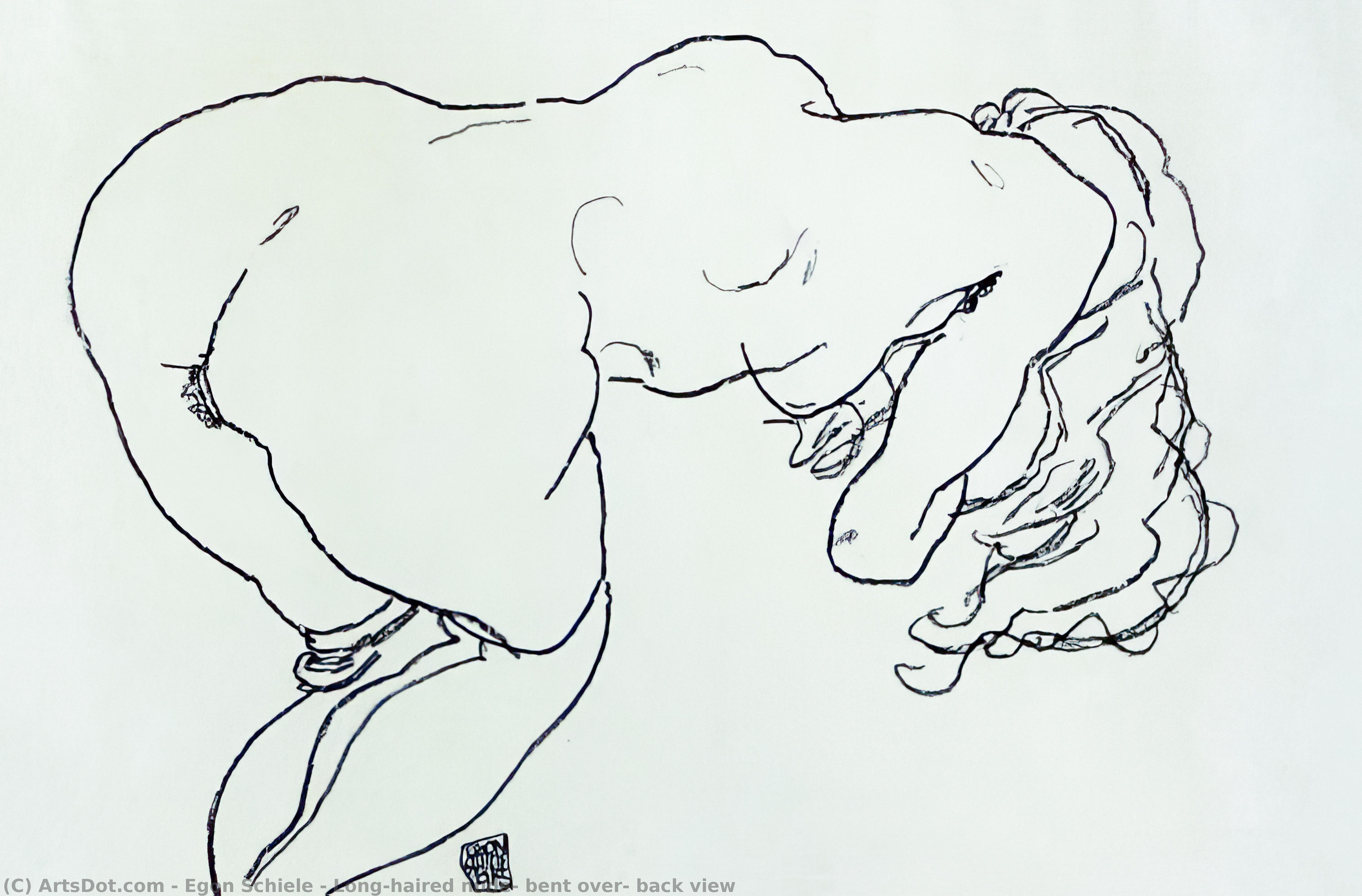 Wikioo.org – La Enciclopedia de las Bellas Artes - Pintura, Obras de arte de Egon Schiele - langhaariger akt , vornubergebeugt , Ruckenansicht